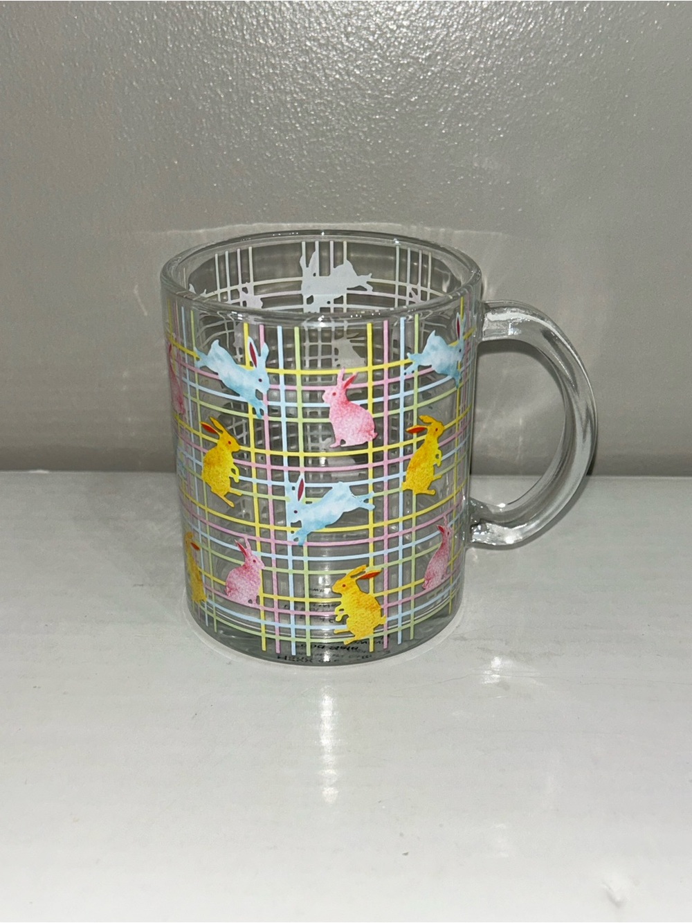 Clear Glass Mug with Pastel Bunny Plaid Pattern - Yellow, Pink, Blue